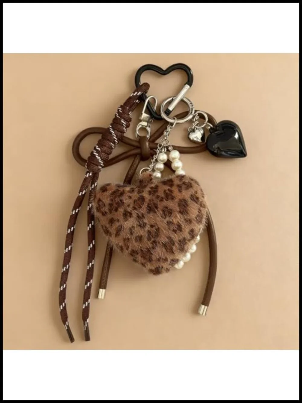 Plush Leopard Heart Keychain with Pearl Braided Rope, Cute Bag Charm for